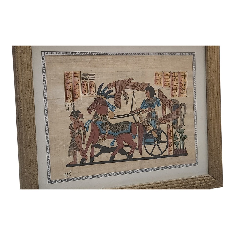 Egyptian Papyrus Art Hand Painted Pharaoh Chariot Scene Gold Framed 12.5x10.5 - Picture 2 of 7